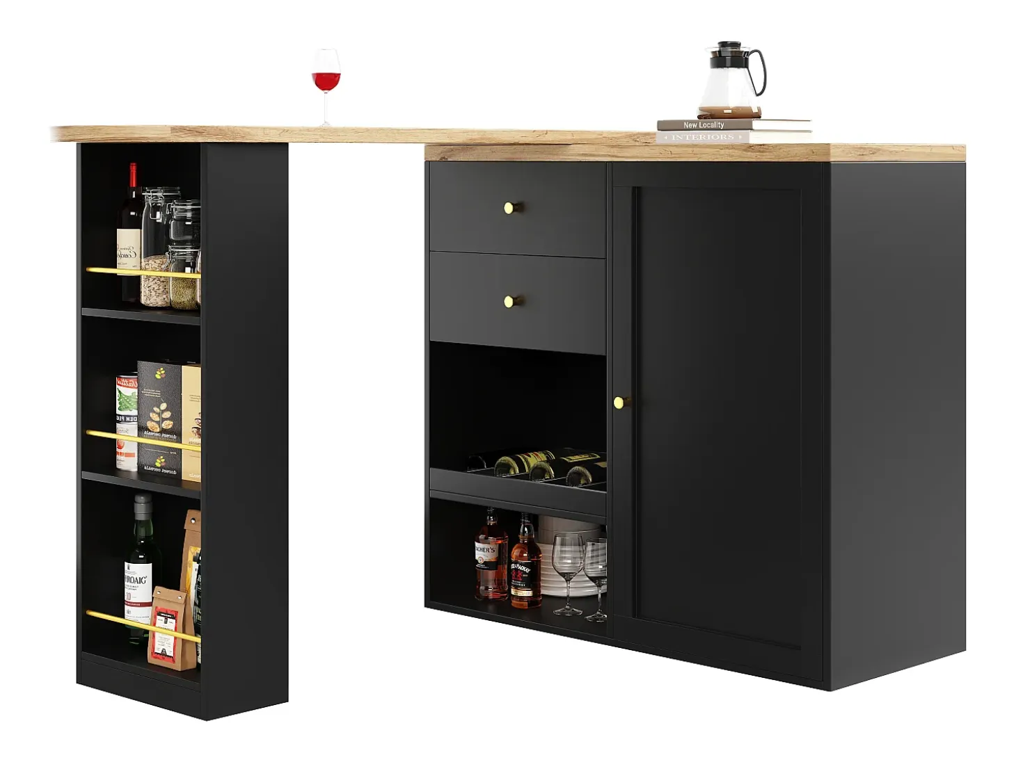 Barra giratoria 360°, con 2 cajones y puerta corredera, 3 estantes abiertos, MDF negro, (105x39x102 cm)