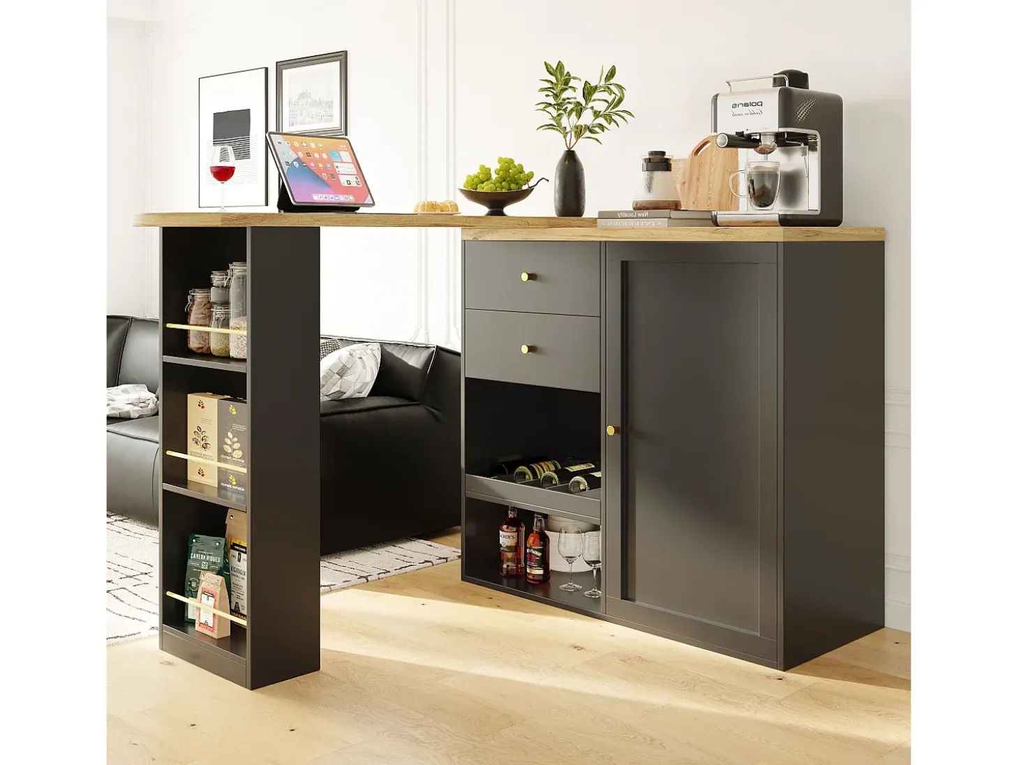 Barra giratoria 360°, con 2 cajones y puerta corredera, 3 estantes abiertos, MDF negro, (105x39x102 cm)