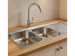 Basico Fregadero de 2 cubetas y 1 escurridor de acero inoxidable con tela microestructurada Teka