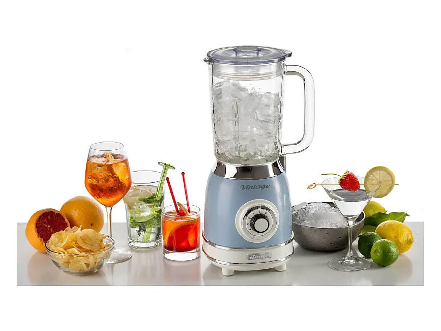 Batidora azul vintage Ariete con vaso de vidrio