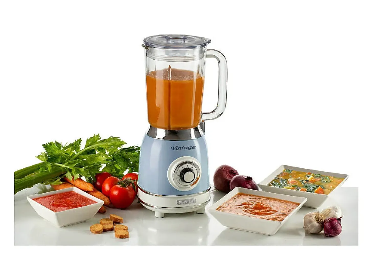 Batidora azul vintage Ariete con vaso de vidrio