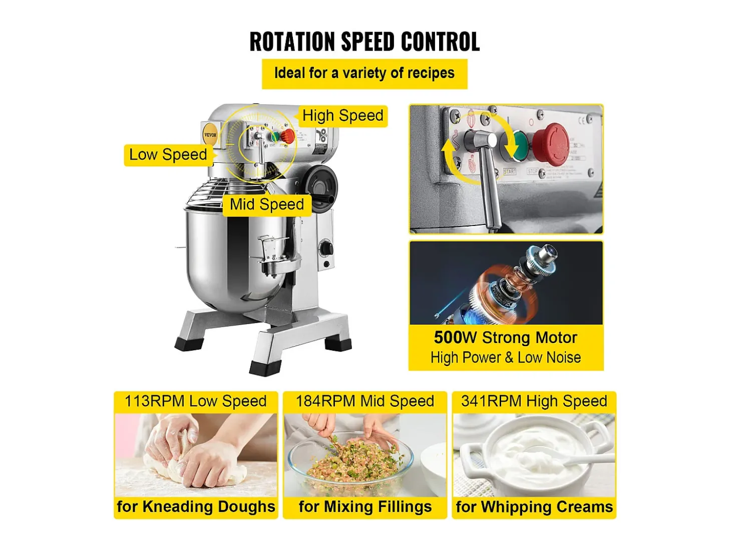 Batidora SucceBuy, Batidor de Pie Comercial, 14 L, 500 W, Batidor Eléctrico Comercial, con 3 Velocidades Ajustables