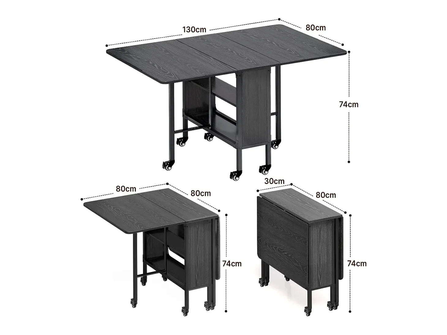 Bealife Mesa de Comedor Móvil y Plegable 3 en 1 130×80×74, Plegable por Ambos Lados, Ahorra Espacio, Multifunción