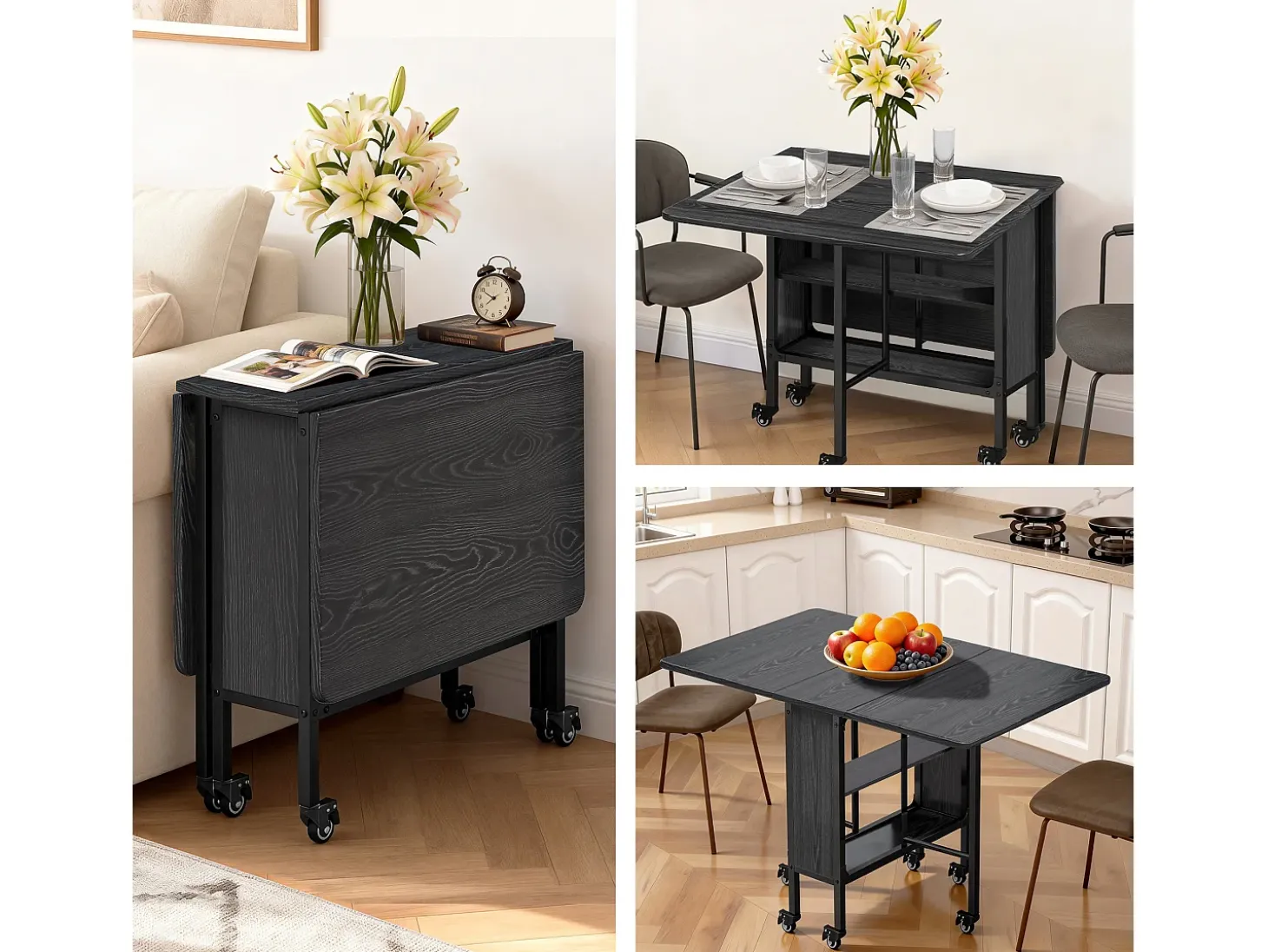 Bealife Mesa de Comedor Móvil y Plegable 3 en 1 130×80×74, Plegable por Ambos Lados, Ahorra Espacio, Multifunción