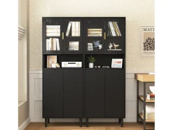 Biblioteca con puertas trempé y estantes regulables, MDF lacado, negro (60x35x160 cm)