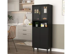 Biblioteca con puertas trempé y estantes regulables, MDF lacado, negro (60x35x160 cm)