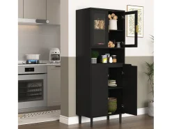 Biblioteca con puertas trempé y estantes regulables, MDF lacado, negro (60x35x160 cm)