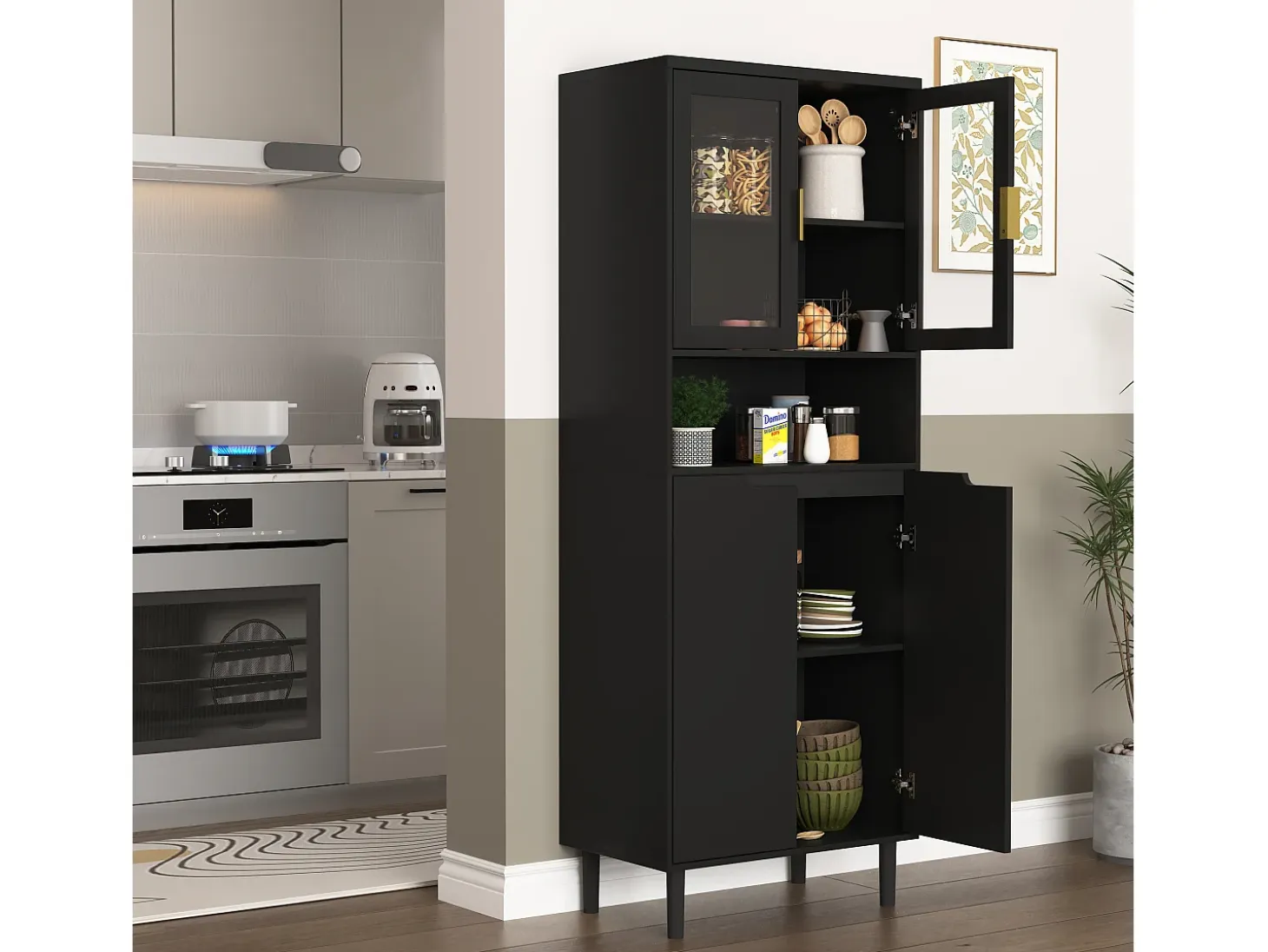 Biblioteca con puertas trempé y estantes regulables, MDF lacado, negro (60x35x160 cm)