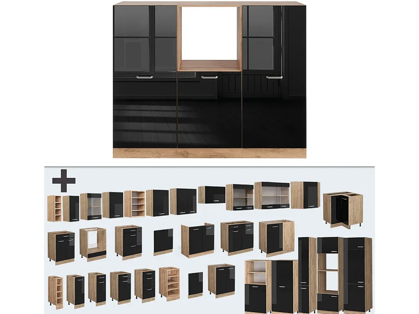 Bloque de cocina roble negro/dorado de alto brillo 180x46x81.6 r-line