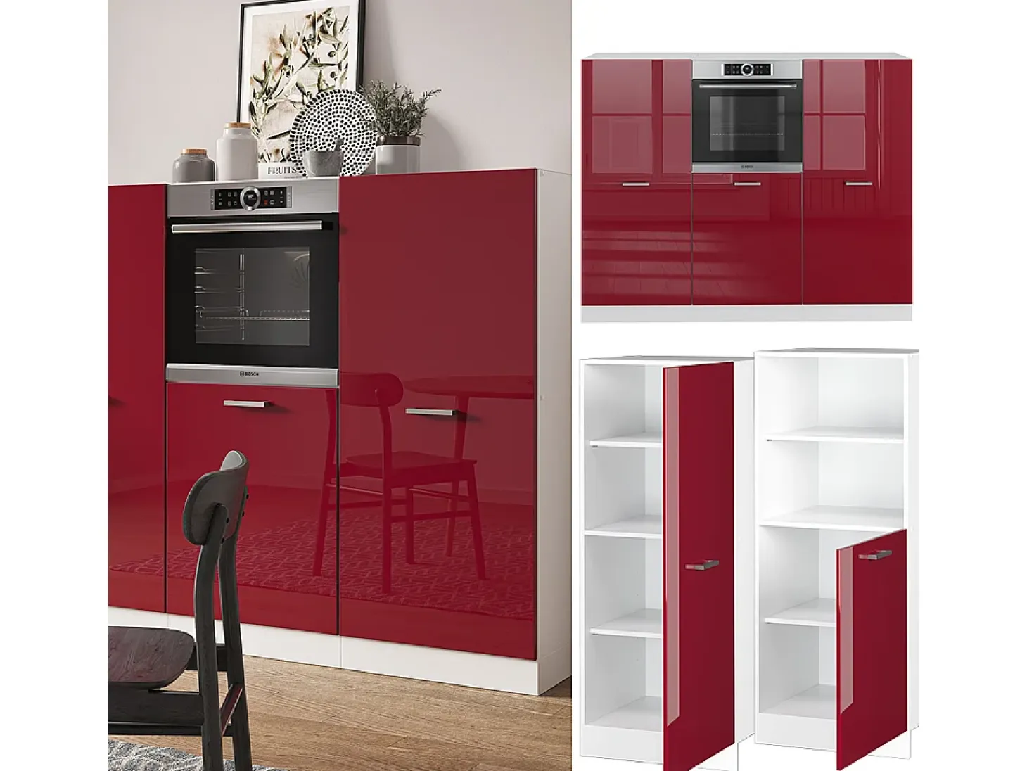 Bloque de cocina rojo brillo intenso/blanco 180x46x81.6 r-line
