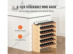 Botellero Apilable SucceBuy para 48 Botellas, Estante de Exhibición de Madera de Bambú de 6 Niveles