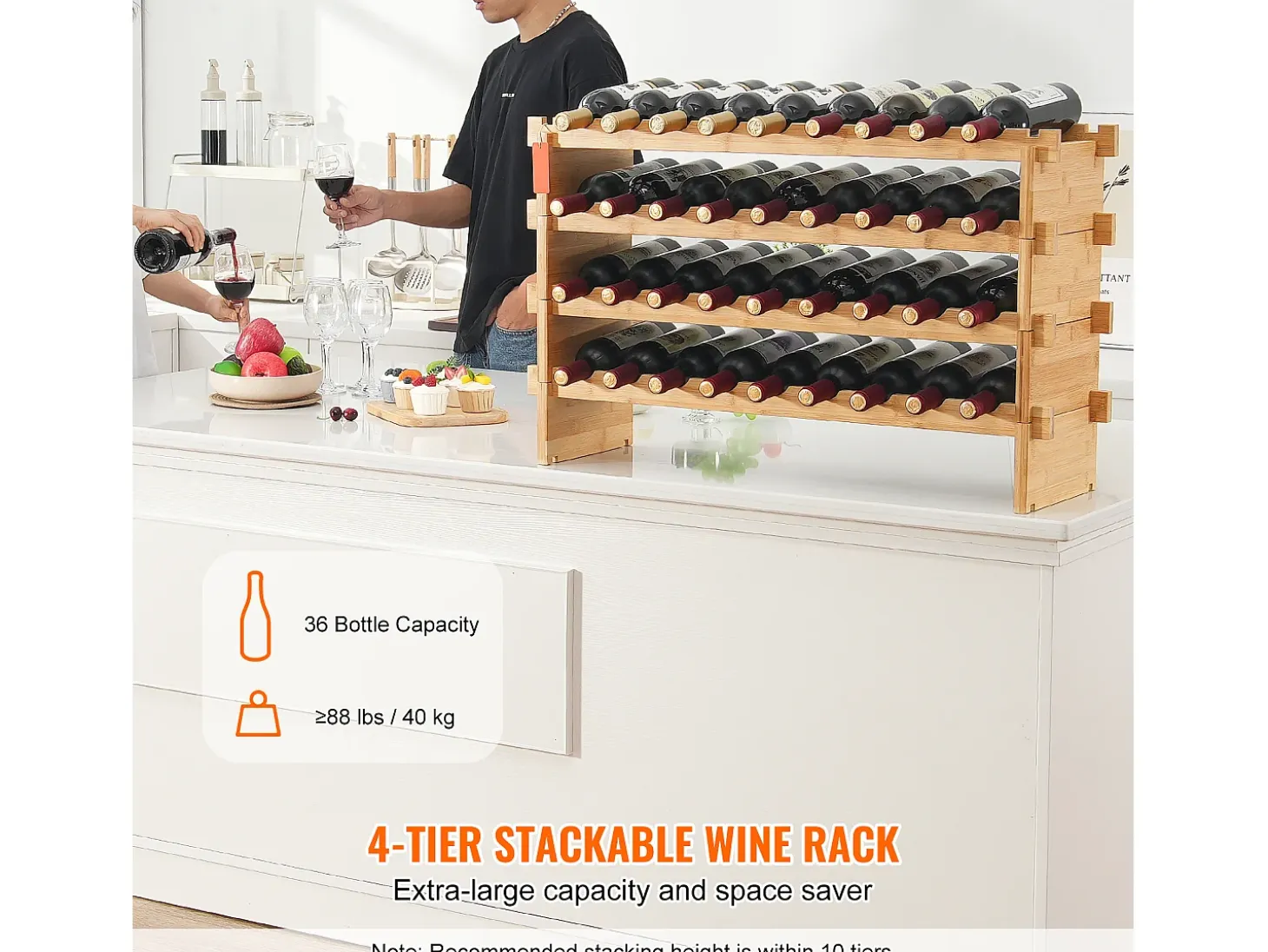 Botellero Apilable SucceBuy de 4 Niveles para 36 Botellas, de Madera de Bambú Natural