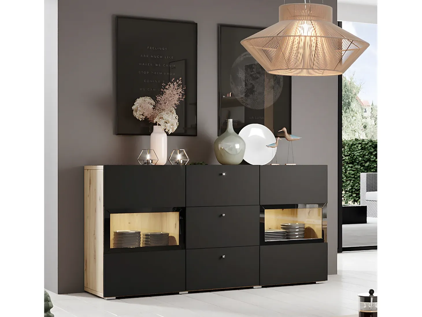 Bufé 2 puertas 3 cajones con LED Sloan Negro y Madera