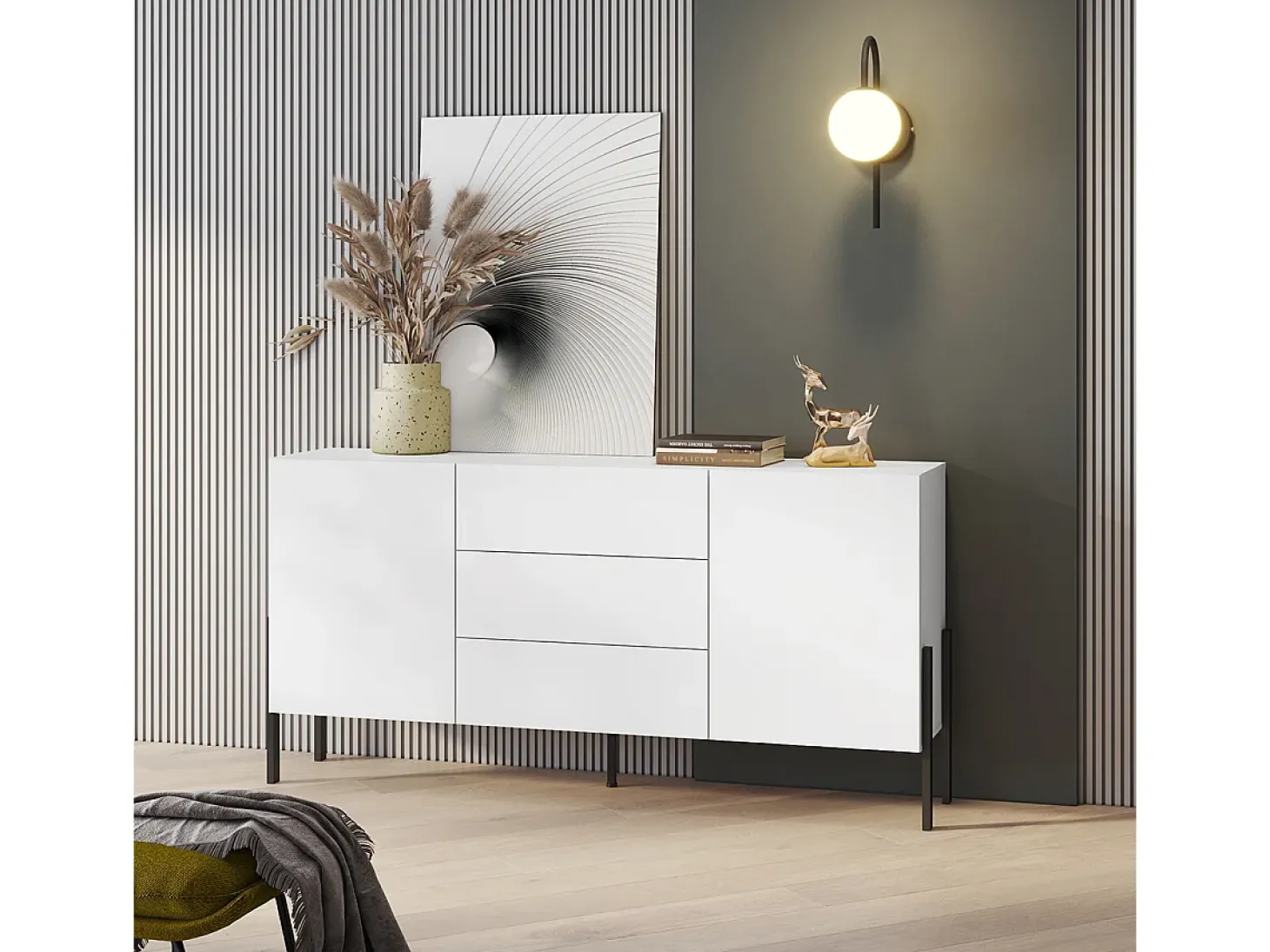 Bufé largo 2 puertas 3 cajones Bérénice Blanco