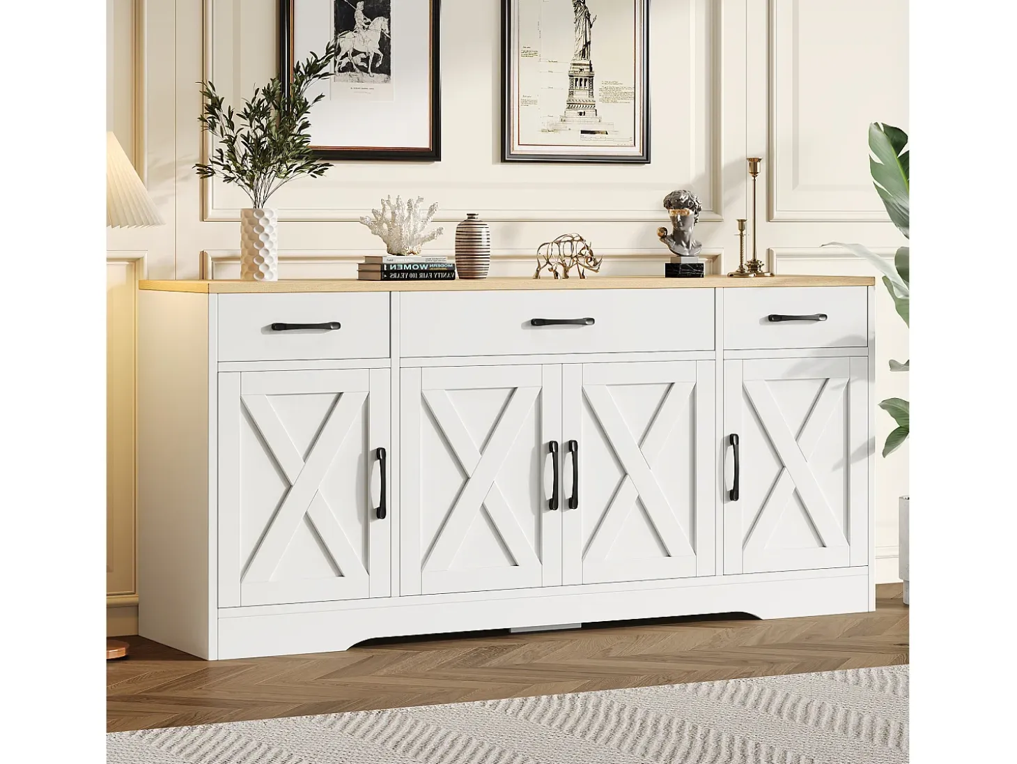 Buffé moderno 160x37x75 cm - con 3 cajones - con 4 puertas - blanco