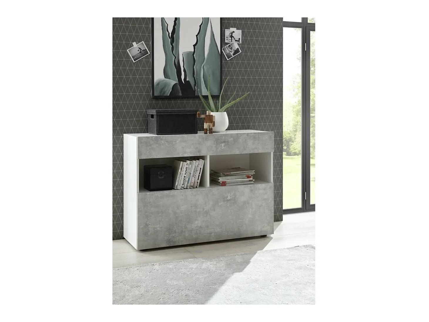 Buffet 1 cajón y 1 puerta abatible, colección SULTANO, color blanco efecto concreto, ideal para su salón.