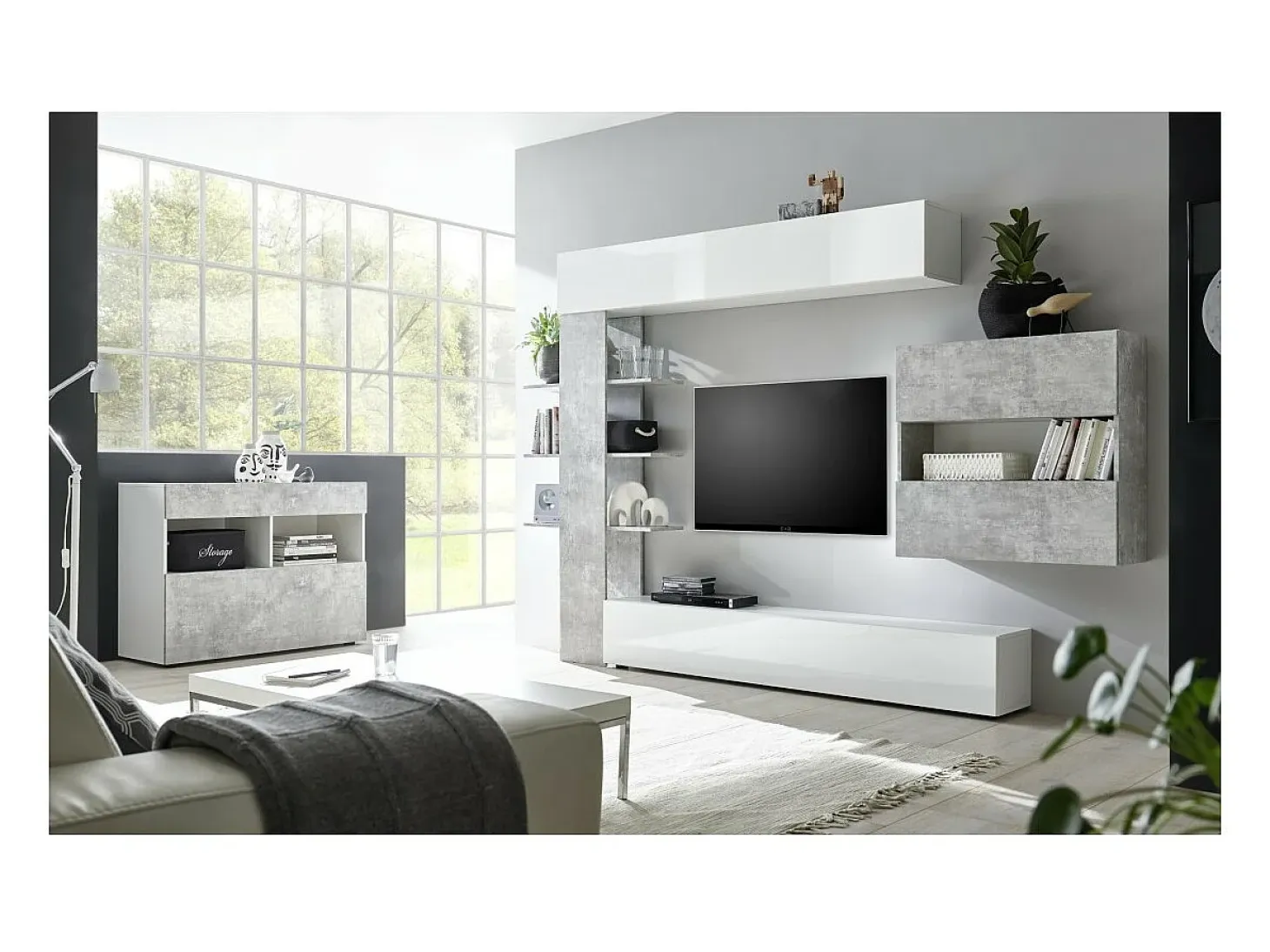 Buffet 1 cajón y 1 puerta abatible, colección SULTANO, color blanco efecto concreto, ideal para su salón.