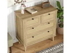Buffet 80×40×80 cm - con 4 cajones de ratán - patas de madera maciza - paneles de partículas - natural