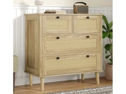 Buffet 80×40×80 cm - con 4 cajones de ratán - patas de madera maciza - paneles de partículas - natural