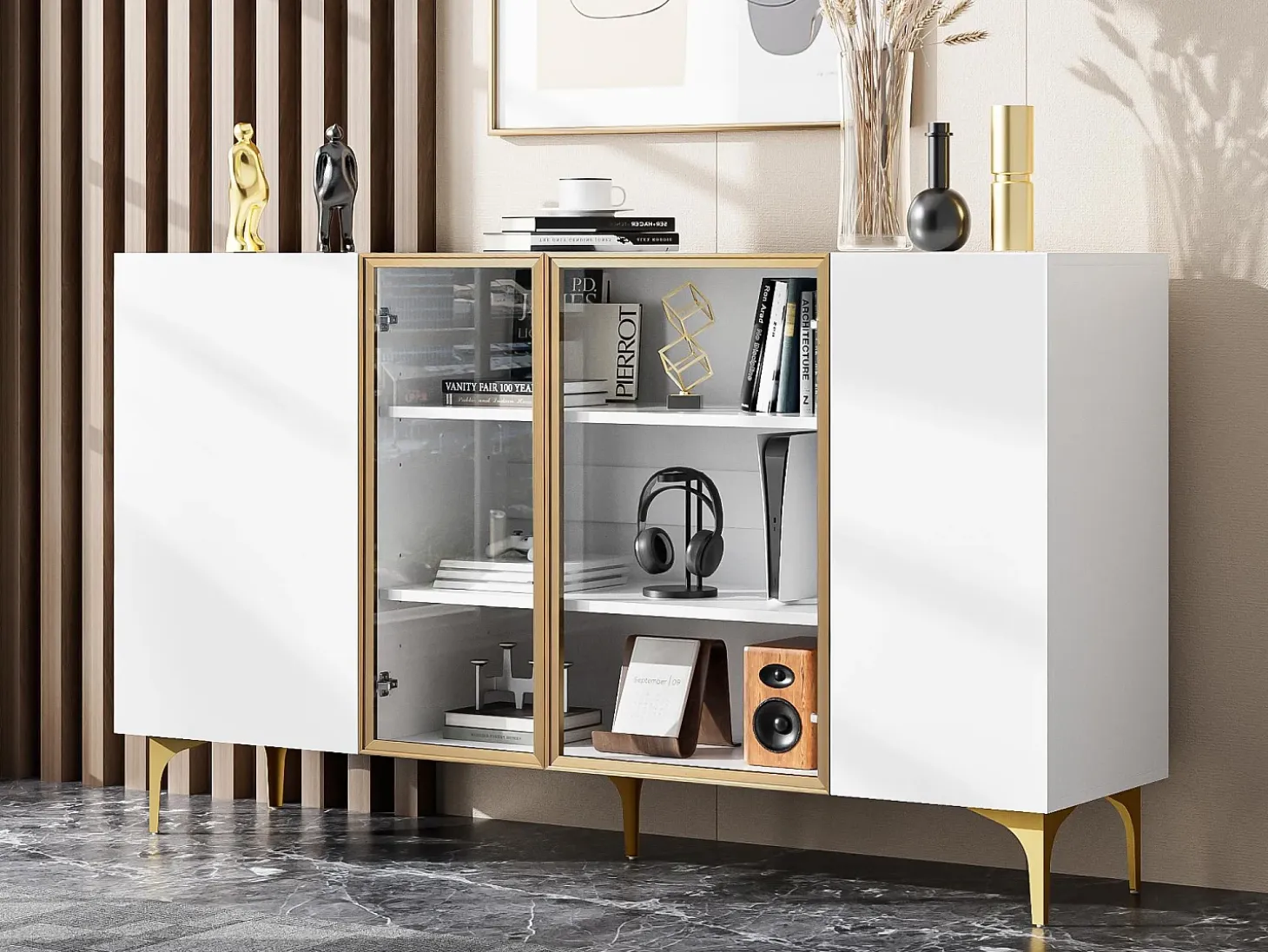 Buffet 150×38×85 cm - con 4 puertas - MDF - blanco