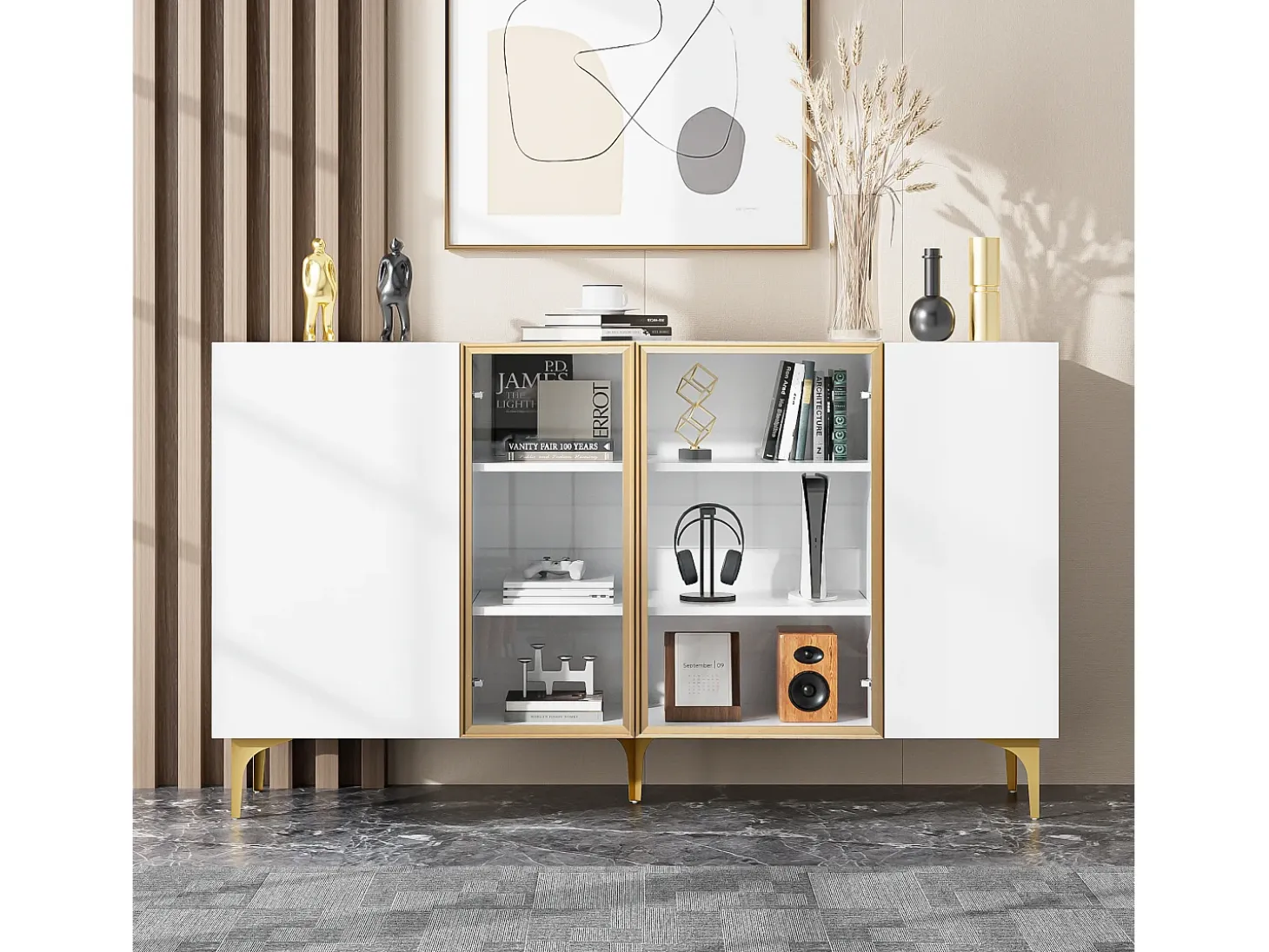Buffet 150×38×85 cm - con 4 puertas - MDF - blanco