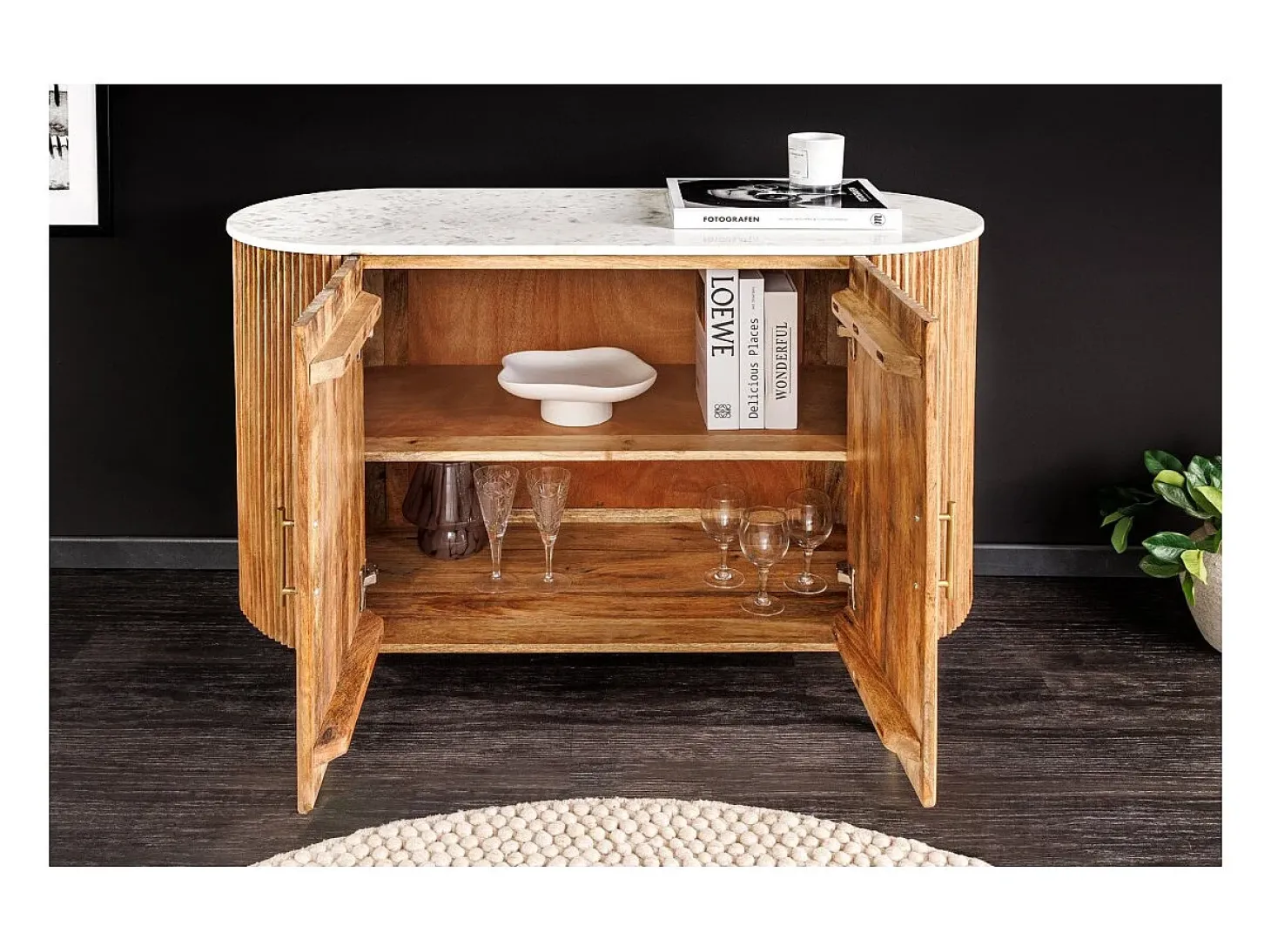 Buffet 105 cm 2 puertas madera maciza, mármol blanco y dorado – Colección YONA