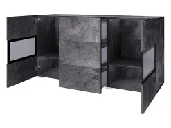 Buffet 130 cm RAMOS – Gris efecto pizarra y negro – 2 puertas con vidrio + 3 cajones – Sin LED