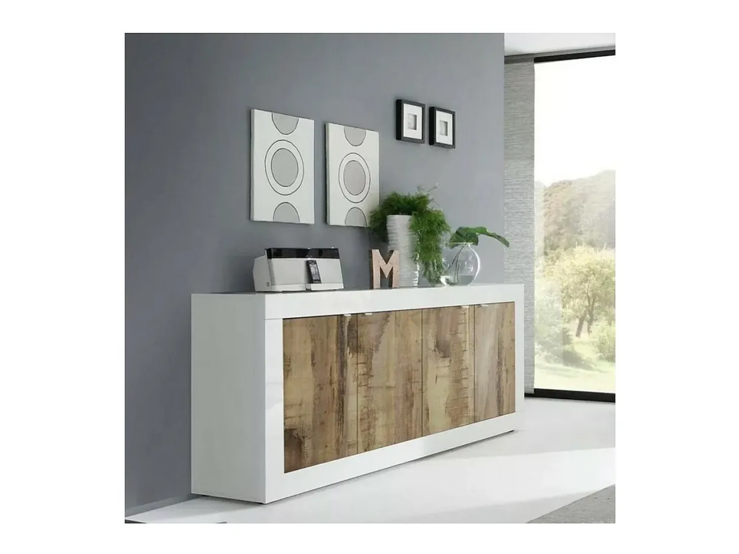 Buffet 4 puertas, colección ISORA, color blanco y roble claro, ideal para un salón o comedor moderno.