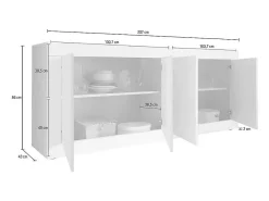 Buffet 4 puertas, colección ISORA, color blanco y roble claro, ideal para un salón o comedor moderno.