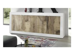 Buffet 4 puertas, colección ISORA, color blanco y roble claro, ideal para un salón o comedor moderno.