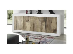 Buffet 4 puertas, colección ISORA, color blanco y roble claro, ideal para un salón o comedor moderno.