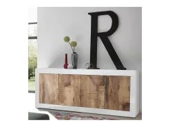 Buffet 4 puertas, colección ISORA, color blanco y roble claro, ideal para un salón o comedor moderno.