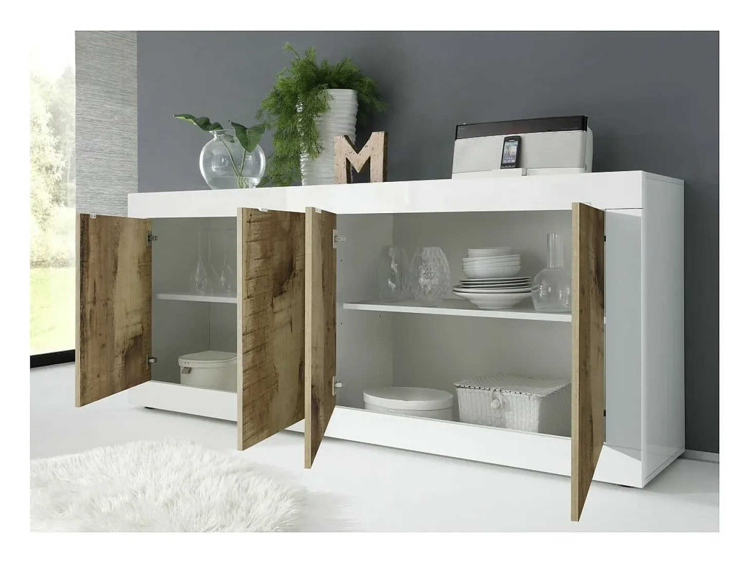 Buffet 4 puertas, colección ISORA, color blanco y roble claro, ideal para un salón o comedor moderno.