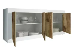 Buffet 4 puertas, colección ISORA, color blanco y roble claro, ideal para un salón o comedor moderno.