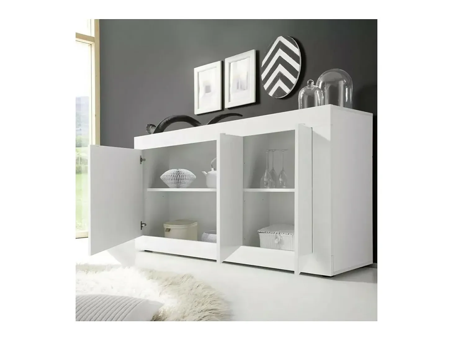 Buffet 3 puertas, colección ISORA, color blanco lacado brillante