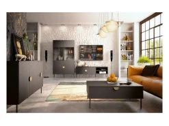 Buffet 4 puertas MONDO – Negro mate, patas de metal y manijas doradas – Diseño moderno