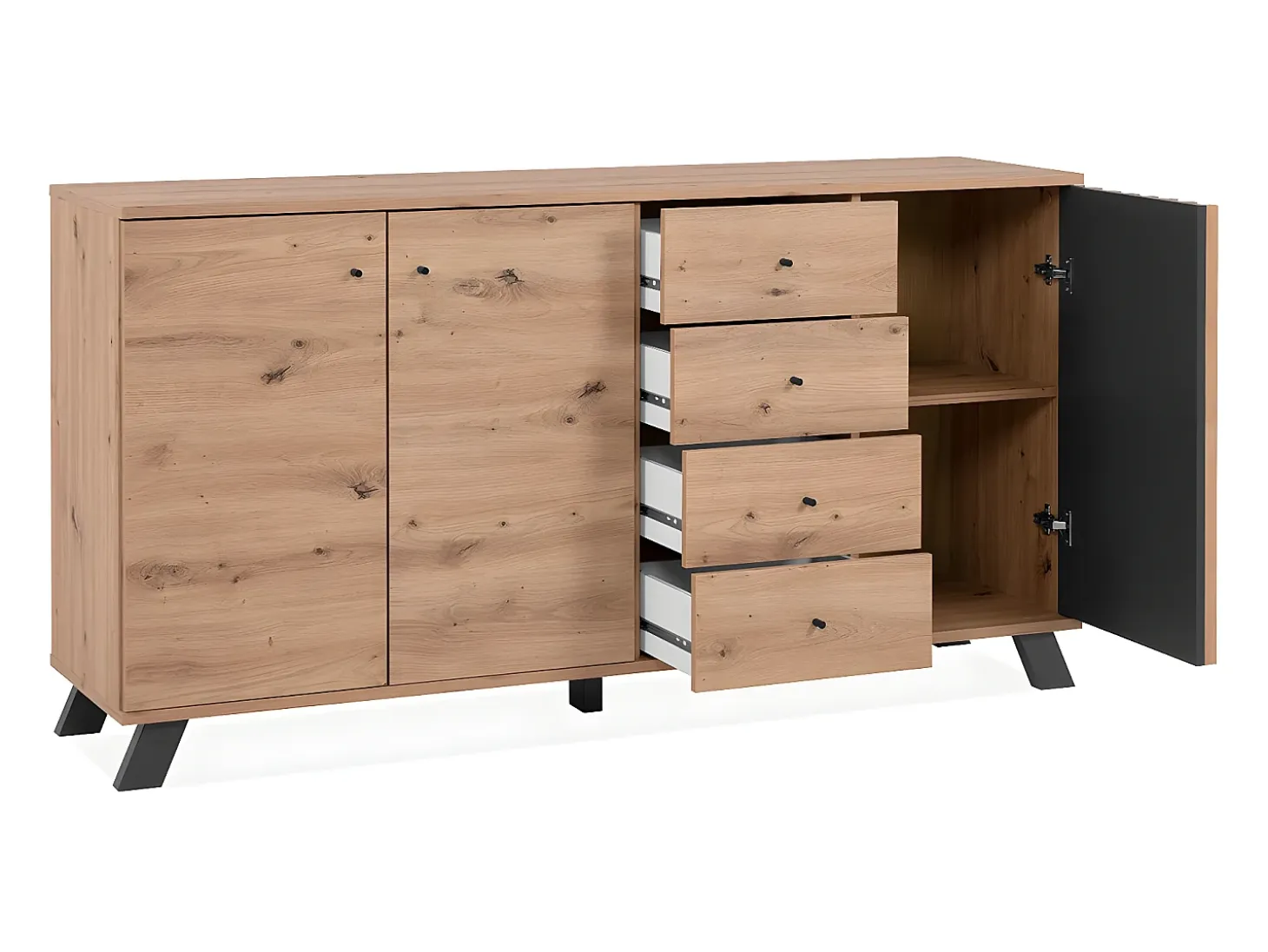 Buffet 3 puertas y 4 cajones decoración roble artesanal L160 cm - LUBLIN