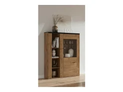 Buffet alto de diseño con 1 puerta para salón en color roble y negro efecto madera. Colección SANTIAGO.