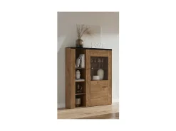 Buffet alto de diseño con 1 puerta para salón en color roble y negro efecto madera. Colección SANTIAGO.