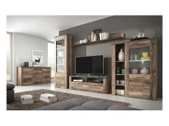 Buffet alto de diseño con 1 puerta para salón de color nogal y negro con efecto de madera. Colección SANTIAGO.