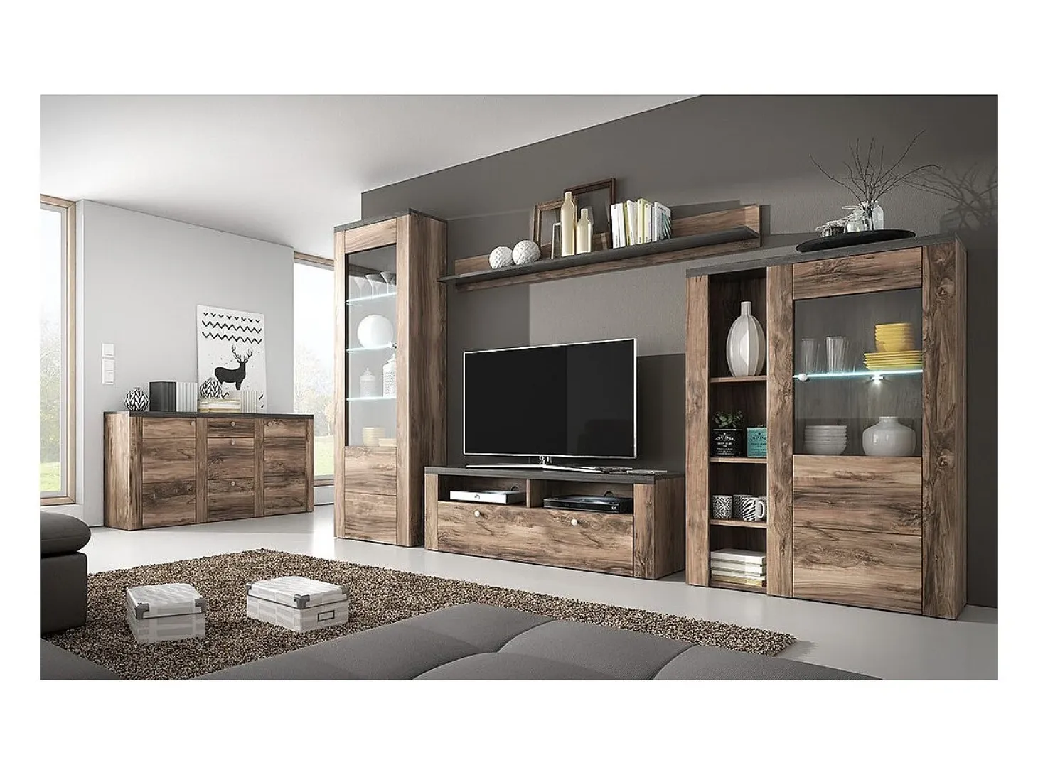 Buffet alto de diseño con 1 puerta para salón de color nogal y negro con efecto de madera. Colección SANTIAGO.