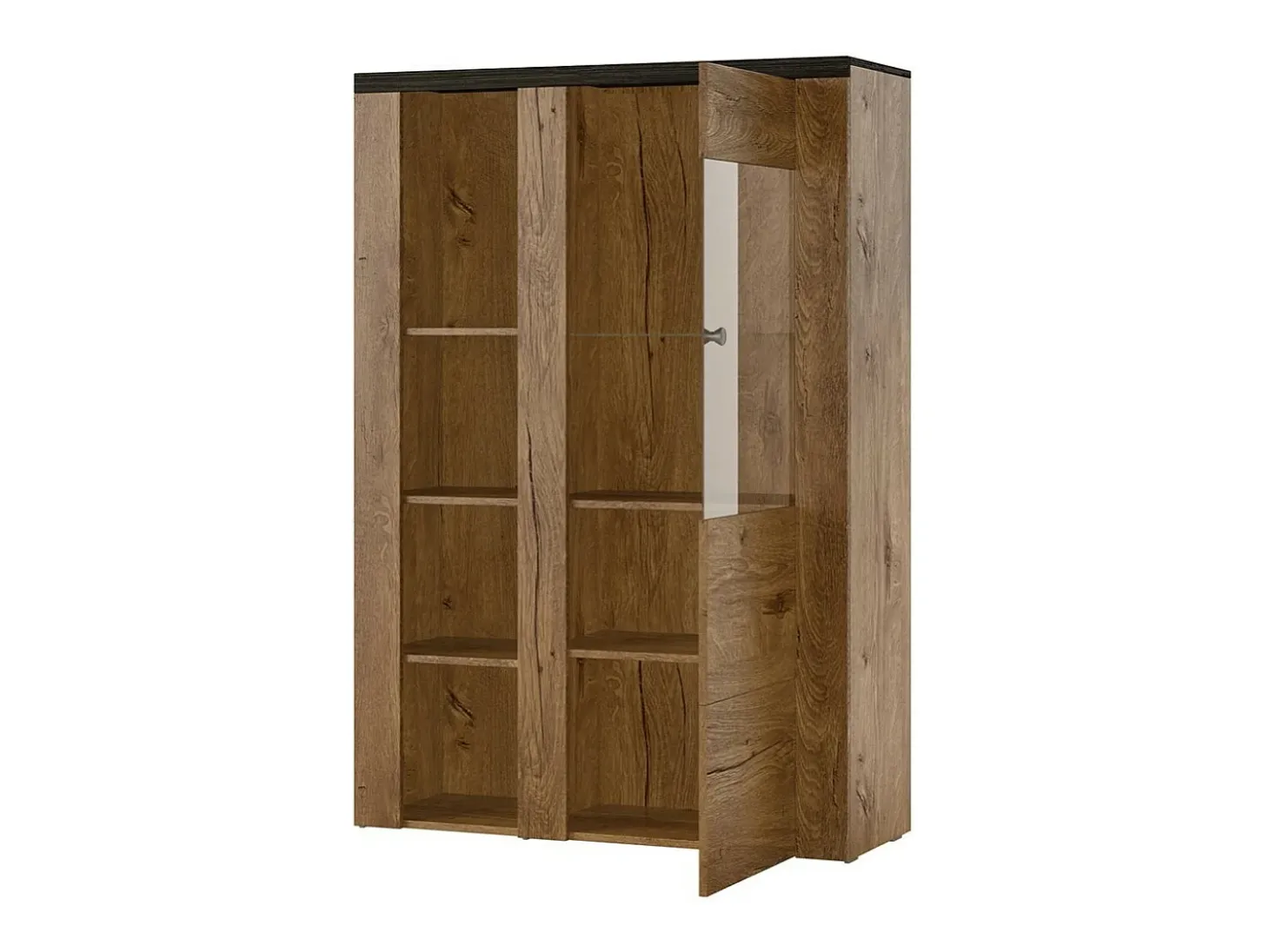 Buffet alto de diseño con 1 puerta para salón de color nogal y negro con efecto de madera. Colección SANTIAGO.