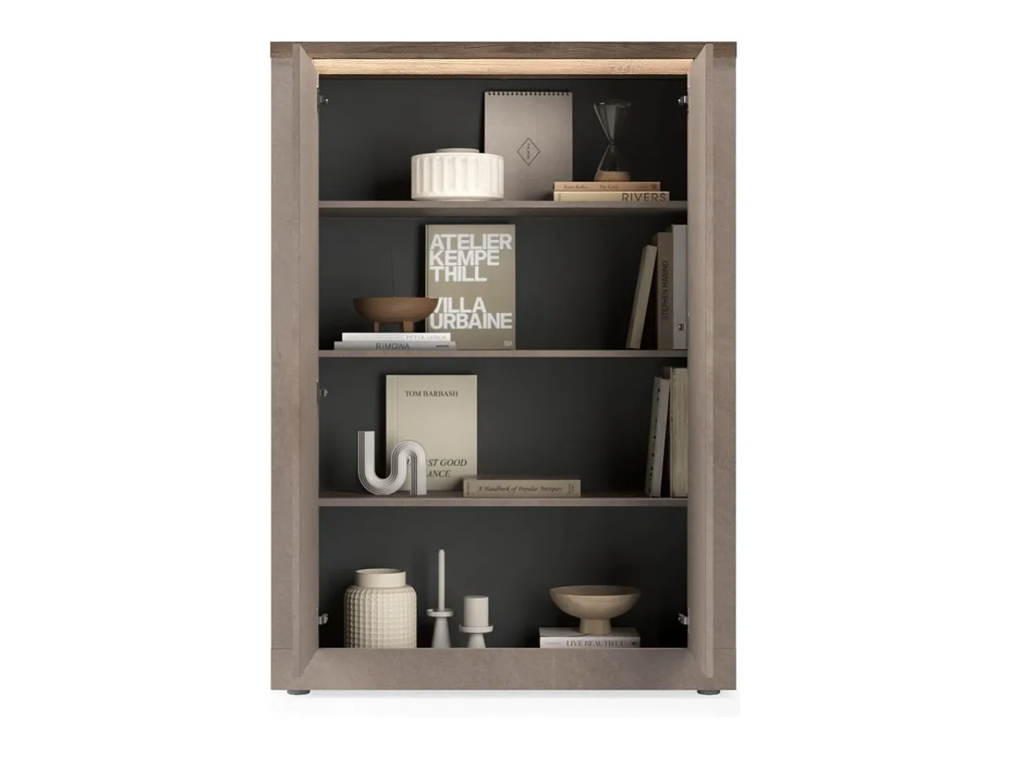 Buffet alto SASHA – 2 puertas con 3 estantes y LED – Bronce y tapa de madera Mercurio