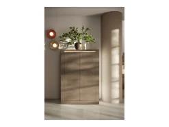 Buffet alto SASHA – 2 puertas con 3 estantes y LED – Bronce y tapa de madera Mercurio