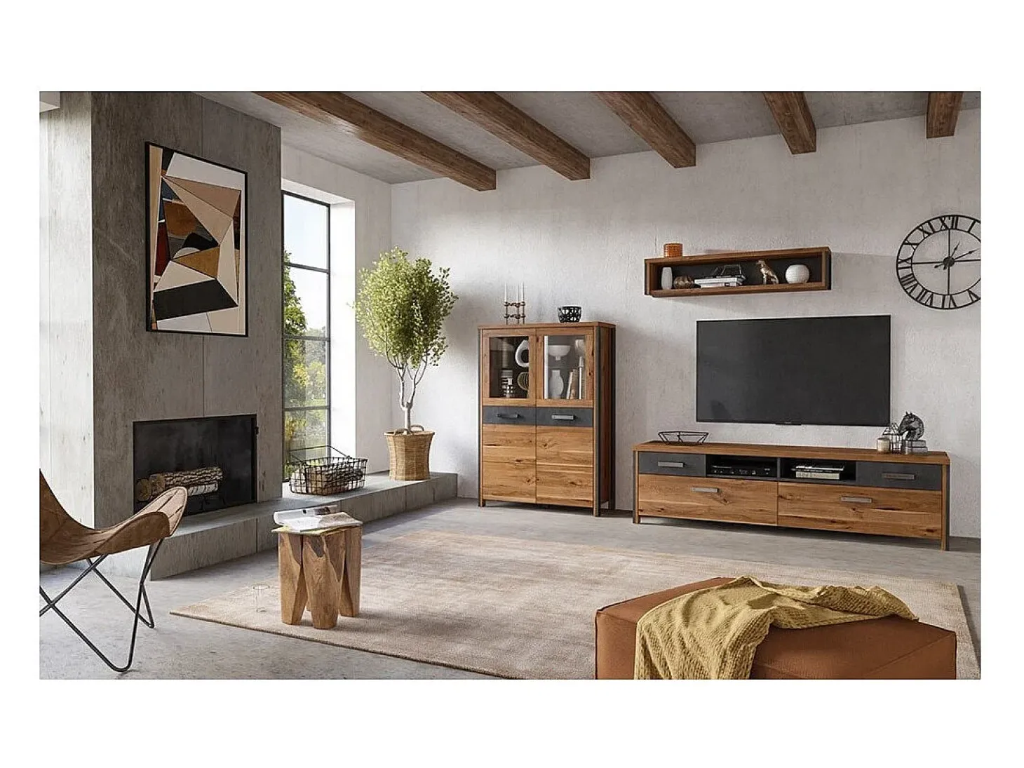 Buffet alto WINDSOR en roble oscuro y gris antracita - 2 puertas grandes - 97 x 138 x 37 cm