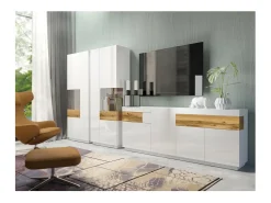 Buffet, aparador, enfilade KILES tres puertas, dos cajones. Colores blanco y roble. Estilo diseño.