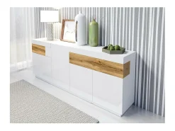 Buffet, aparador, enfilade KILES tres puertas, dos cajones. Colores blanco y roble. Estilo diseño.