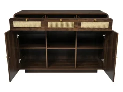 Buffet aspecto nogal 120x40x85cm - con 2 puertas y 3 cajones de ratán - compartimentos abiertos - Nogal
