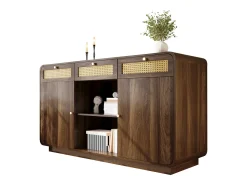 Buffet aspecto nogal 120x40x85cm - con 2 puertas y 3 cajones de ratán - compartimentos abiertos - Nogal