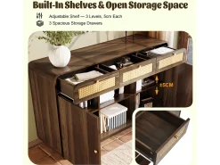 Buffet aspecto nogal 120x40x85cm - con 2 puertas y 3 cajones de ratán - compartimentos abiertos - Nogal
